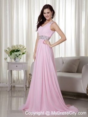 Baby Pink Empire One Shoulder Beading and Ruching Prom Gown