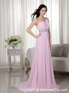 Baby Pink Empire One Shoulder Beading and Ruching Prom Gown