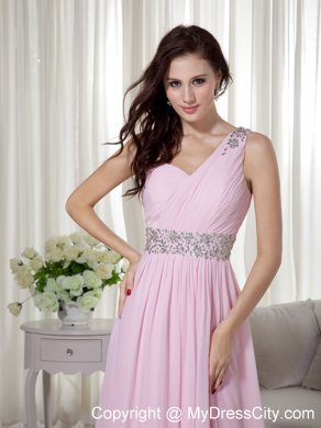 Baby Pink Empire One Shoulder Beading and Ruching Prom Gown