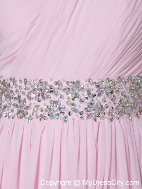 Baby Pink Empire One Shoulder Beading and Ruching Prom Gown