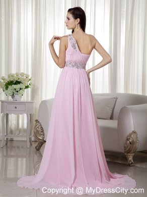 Baby Pink Empire One Shoulder Beading and Ruching Prom Gown