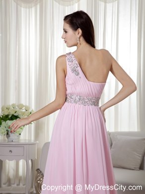 Baby Pink Empire One Shoulder Beading and Ruching Prom Gown