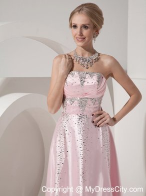 Beading Floor-length Baby Pink Prom Dress in Elastic Woven Satin