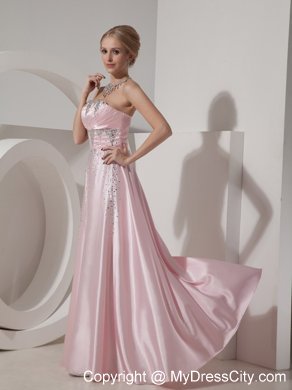 Beading Floor-length Baby Pink Prom Dress in Elastic Woven Satin