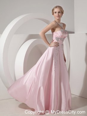 Beading Floor-length Baby Pink Prom Dress in Elastic Woven Satin