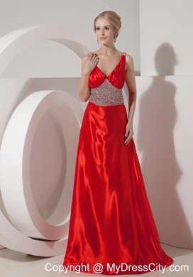 Silk Like Satin Red A-line V-neck Beading Brush Train Prom Dress