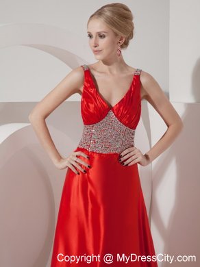 Silk Like Satin Red A-line V-neck Beading Brush Train Prom Dress