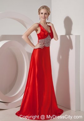 Silk Like Satin Red A-line V-neck Beading Brush Train Prom Dress