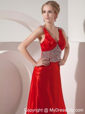 Silk Like Satin Red A-line V-neck Beading Brush Train Prom Dress