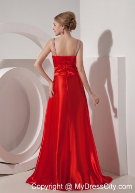 Silk Like Satin Red A-line V-neck Beading Brush Train Prom Dress