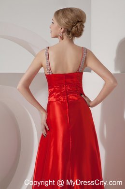 Silk Like Satin Red A-line V-neck Beading Brush Train Prom Dress