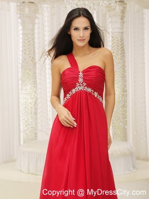 Modest One Shoulder Red Ruched Appliques Chiffon Dress for Prom