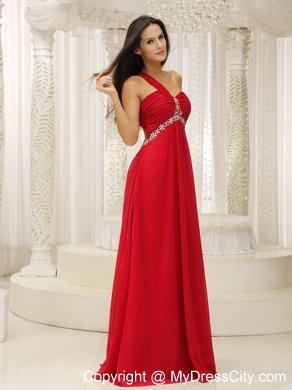 Modest One Shoulder Red Ruched Appliques Chiffon Dress for Prom