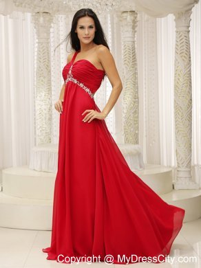 Modest One Shoulder Red Ruched Appliques Chiffon Dress for Prom