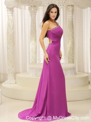 One Shoulder Beaded Decorated Waist Brush Train Fuchsia Prom Dress