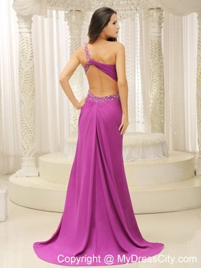 One Shoulder Beaded Decorated Waist Brush Train Fuchsia Prom Dress