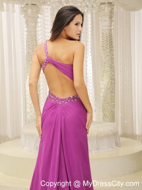 One Shoulder Beaded Decorated Waist Brush Train Fuchsia Prom Dress