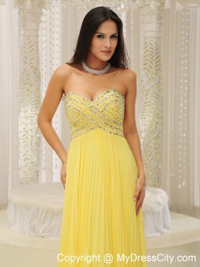 Yellow Sweetheart and Beaded Decorated Bust Pleated Prom Dress