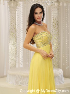 Yellow Sweetheart and Beaded Decorated Bust Pleated Prom Dress