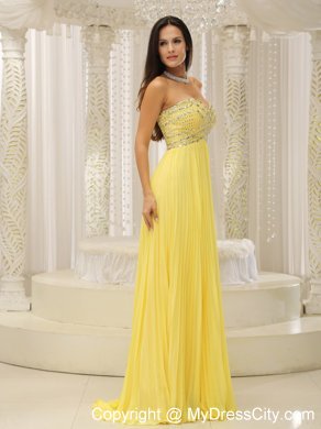 Yellow Sweetheart and Beaded Decorated Bust Pleated Prom Dress