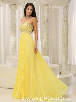 Yellow Sweetheart and Beaded Decorated Bust Pleated Prom Dress