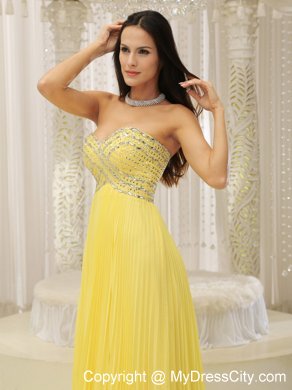 Yellow Sweetheart and Beaded Decorated Bust Pleated Prom Dress