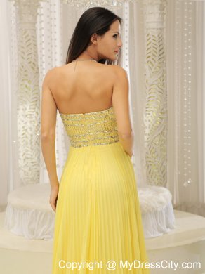 Yellow Sweetheart and Beaded Decorated Bust Pleated Prom Dress