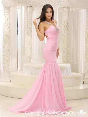 Mermaid V-neck Beaded Decorated Shoulder Ruched Bodice Prom Dress