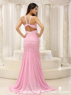 Mermaid V-neck Beaded Decorated Shoulder Ruched Bodice Prom Dress