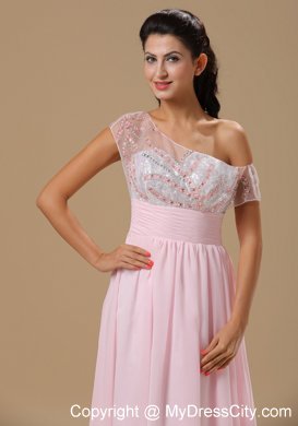 Baby Pink Chiffon Floor-length Prom Dress with Asymmetric Neckline