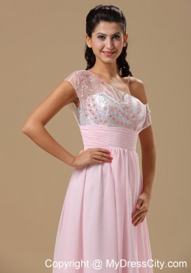 Baby Pink Chiffon Floor-length Prom Dress with Asymmetric Neckline