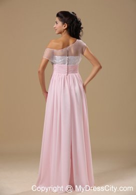 Baby Pink Chiffon Floor-length Prom Dress with Asymmetric Neckline