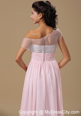 Baby Pink Chiffon Floor-length Prom Dress with Asymmetric Neckline