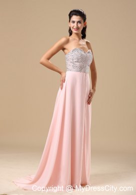 Beaded Decorated Sweetheart Light Pink Brush Train Prom Dress