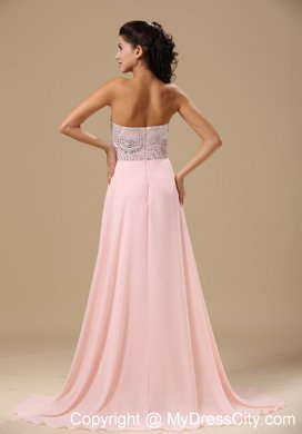 Beaded Decorated Sweetheart Light Pink Brush Train Prom Dress