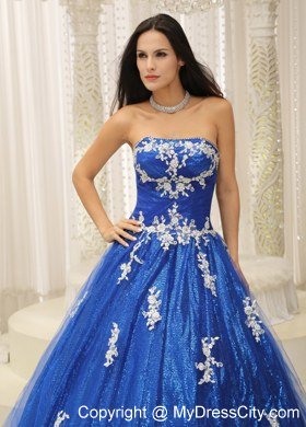 Paillette Over Skirt A-line Royal Blue Sweet 15 Dresses With Appliques