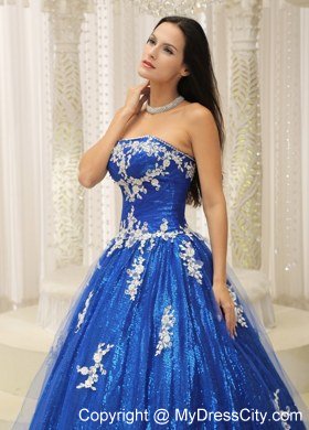 Paillette Over Skirt A-line Royal Blue Sweet 15 Dresses With Appliques