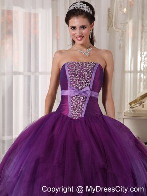 Bowknot Decorate Waist Strapless Beading Purple Quinceanera Dresses