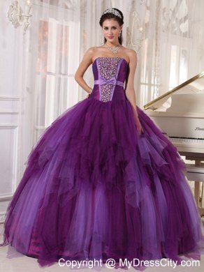 Bowknot Decorate Waist Strapless Beading Purple Quinceanera Dresses