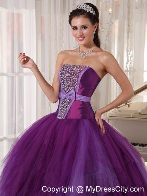 Bowknot Decorate Waist Strapless Beading Purple Quinceanera Dresses