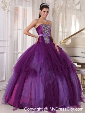 Bowknot Decorate Waist Strapless Beading Purple Quinceanera Dresses