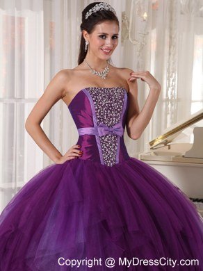 Bowknot Decorate Waist Strapless Beading Purple Quinceanera Dresses