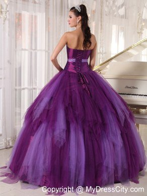 Bowknot Decorate Waist Strapless Beading Purple Quinceanera Dresses