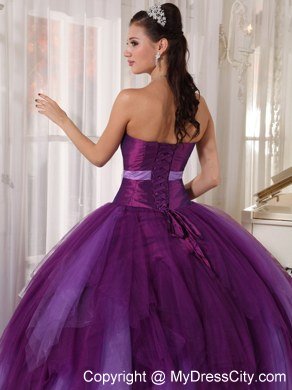 Bowknot Decorate Waist Strapless Beading Purple Quinceanera Dresses