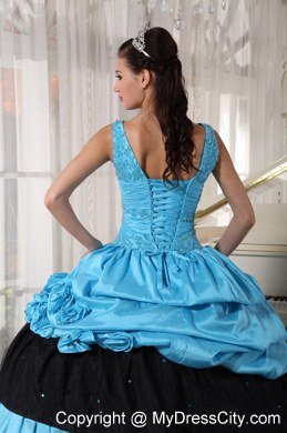 Light Blue and Black V-neck Beading Flower Elegant Sweet 15 Dresses