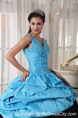 Light Blue and Black V-neck Beading Flower Elegant Sweet 15 Dresses