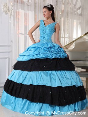 Light Blue and Black V-neck Beading Flower Elegant Sweet 15 Dresses