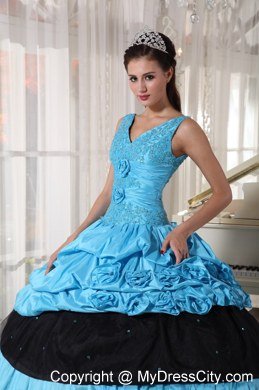 Light Blue and Black V-neck Beading Flower Elegant Sweet 15 Dresses