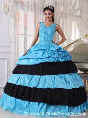 Light Blue and Black V-neck Beading Flower Elegant Sweet 15 Dresses