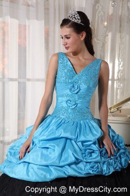 Light Blue and Black V-neck Beading Flower Elegant Sweet 15 Dresses